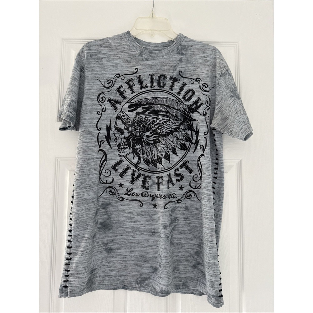 Affliction Y2K T-Shirt Mens L Gray Skull Graphic Live Fast Side Stitching‎